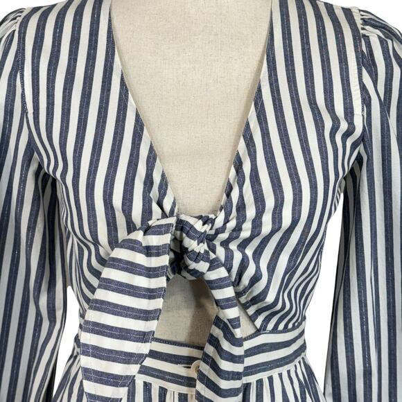 Madewell SZ 2 Midi Dress Striped 3/4 Sleeve Pockets Cutout Tie Button Front New - Picture 2 of 13